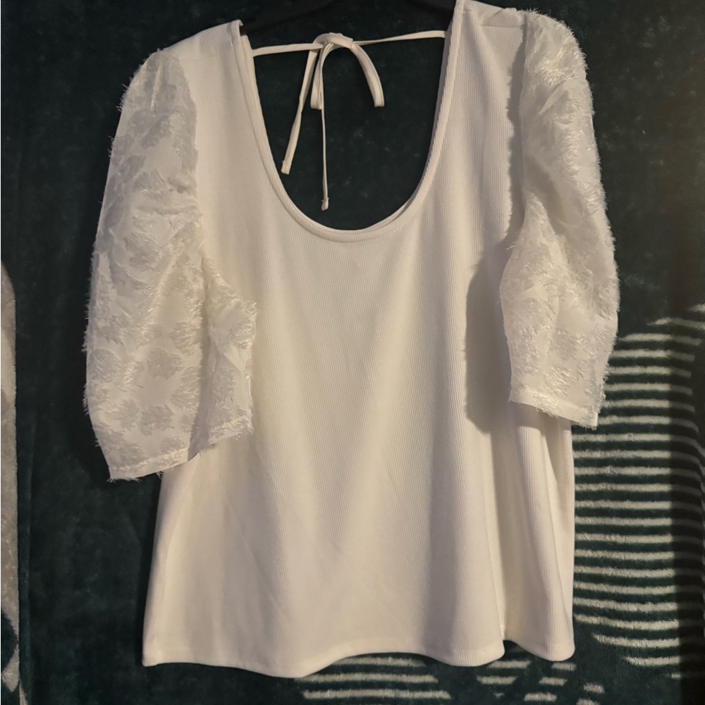 Elegant White Women's Top with Textured Sleeves